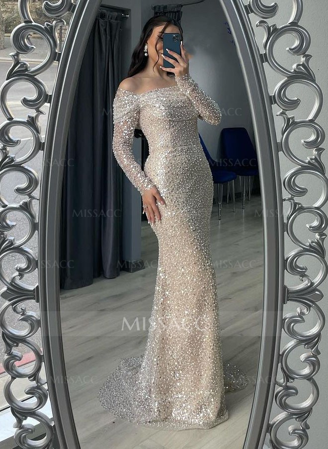 Off-The-Shoulder Long Sleeves Sequined Prom Dresses