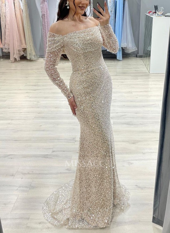 Off-The-Shoulder Long Sleeves Sequined Prom Dresses