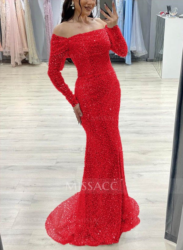 Off-The-Shoulder Long Sleeves Sequined Prom Dresses