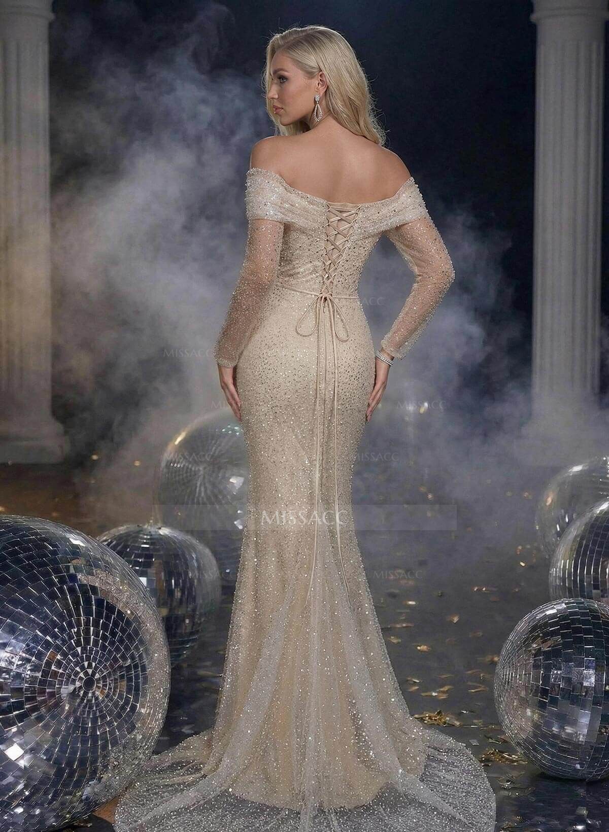 Off-The-Shoulder Long Sleeves Sequined Prom Dresses