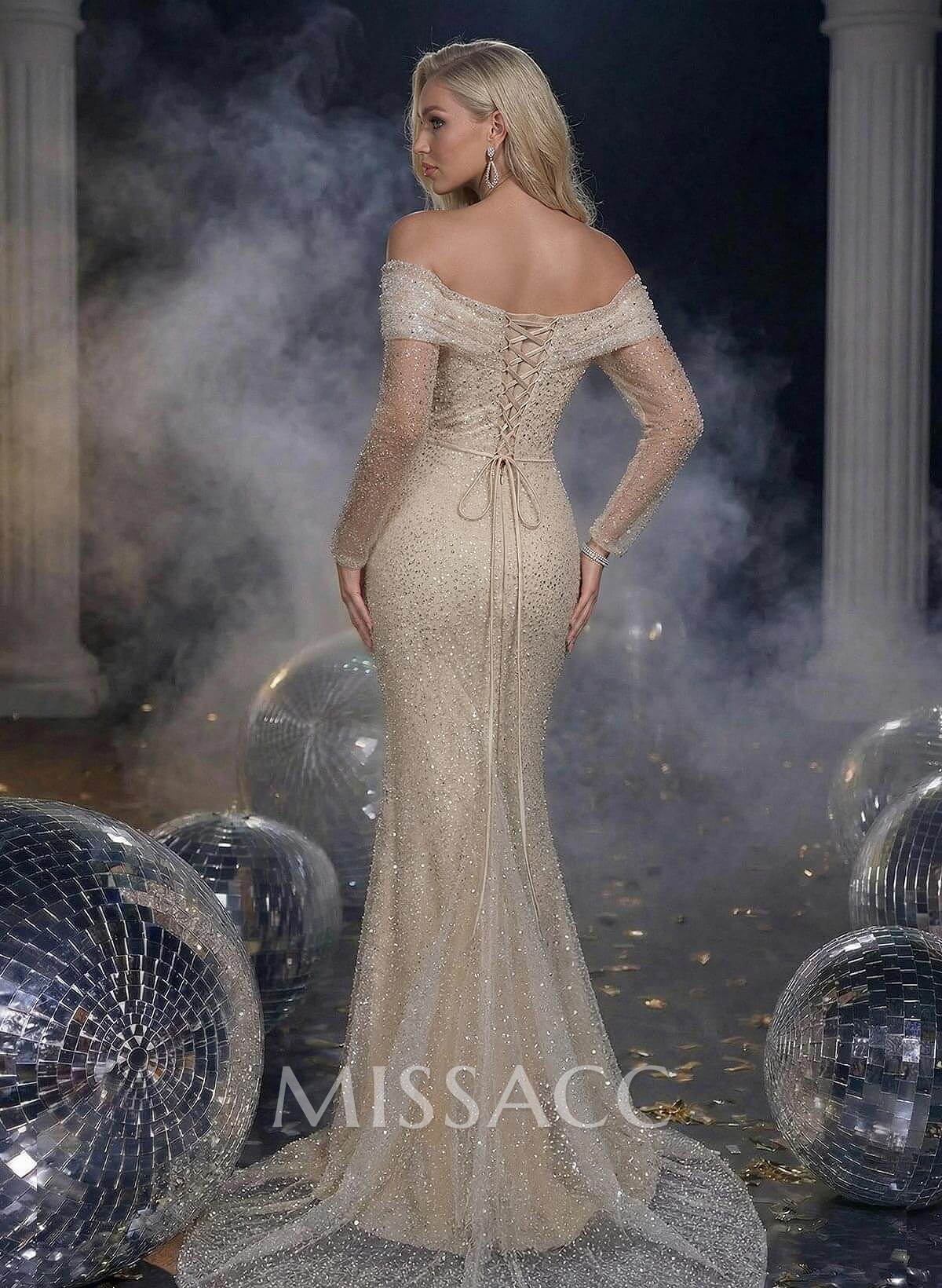 Off-The-Shoulder Long Sleeves Sequined Prom Dresses Off-The-Shoulder Long Sleeves Sequined Prom Dresses