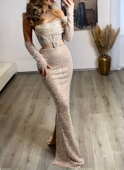 Sequined Trumpet/Mermaid Off-The-Shoulder Prom Dresses With Long Sleeves