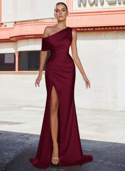 Asymmetrical Neck Matte Satin Sheath/Column Beading Prom Dresses