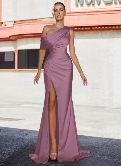 Asymmetrical Neck Matte Satin Sheath/Column Beading Prom Dresses