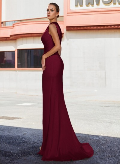 Asymmetrical Neck Matte Satin Sheath/Column Beading Prom Dresses