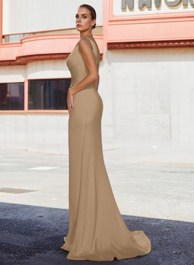 Asymmetrical Neck Matte Satin Sheath/Column Beading Prom Dresses