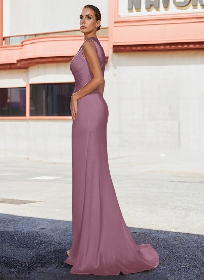 Asymmetrical Neck Matte Satin Sheath/Column Beading Prom Dresses