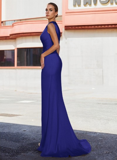 Asymmetrical Neck Matte Satin Sheath/Column Beading Prom Dresses