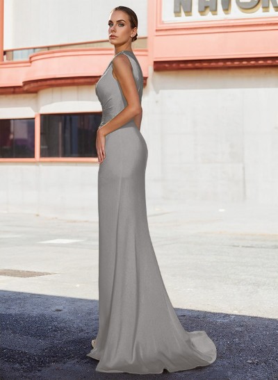 Asymmetrical Neck Matte Satin Sheath/Column Beading Prom Dresses