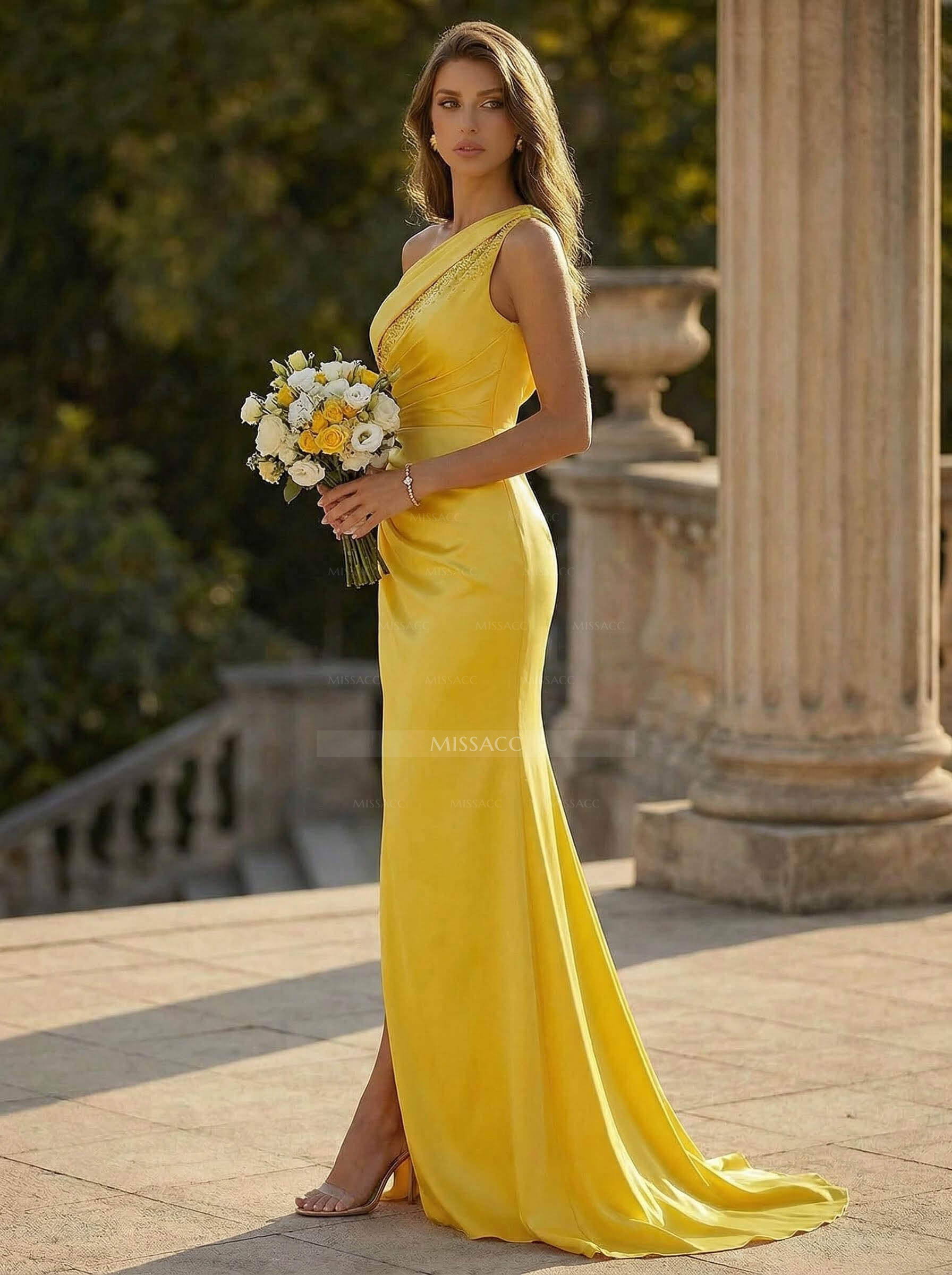 Asymmetrical Neck Matte Satin Sheath/Column Beading Prom Dresses