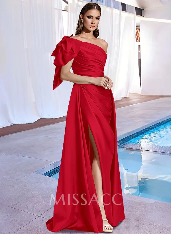 A-Line One-Shoulder Sleeveless Prom Dresses With Split Front - Missacc A-Line One-Shoulder Sleeveless Prom Dresses With Split Front - Missacc