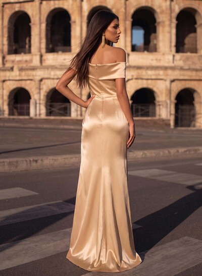 Simple Bardot High Slit Prom Dresses