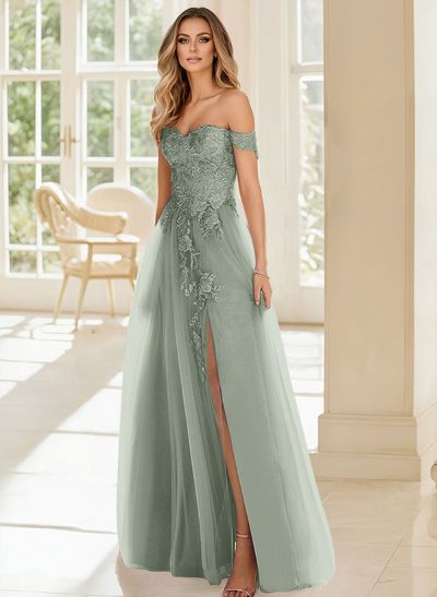 A-Line Off-The-Shoulder Lace/Tulle Prom Dresses With Split Front