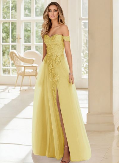 A-Line Off-The-Shoulder Lace/Tulle Prom Dresses With Split Front