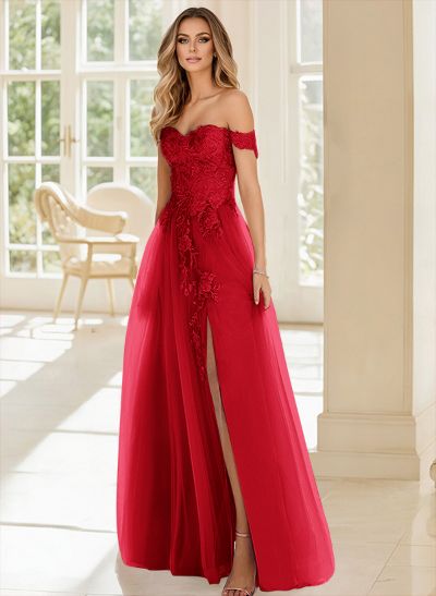 A-Line Off-The-Shoulder Lace/Tulle Prom Dresses With Split Front