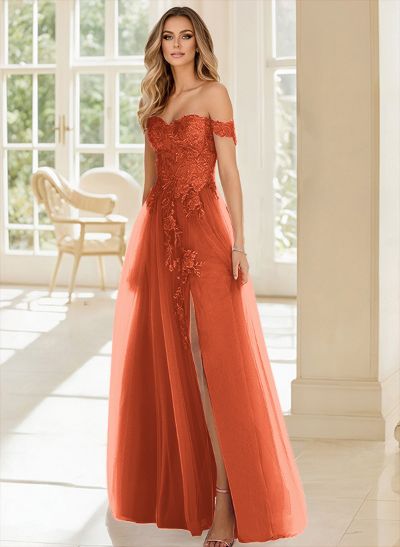 A-Line Off-The-Shoulder Lace/Tulle Prom Dresses With Split Front