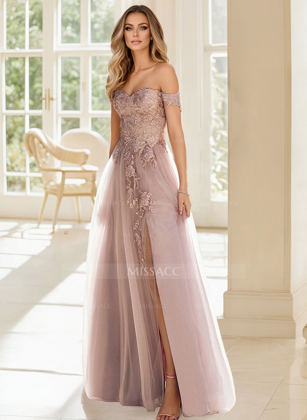 A-Line Off-The-Shoulder Lace/Tulle Prom Dresses With Split Front