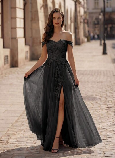 A-Line Off-The-Shoulder Lace/Tulle Prom Dresses With Split Front