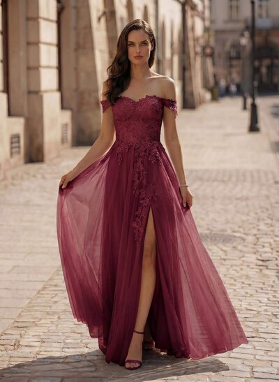 A-Line Off-The-Shoulder Lace/Tulle Prom Dresses With Split Front