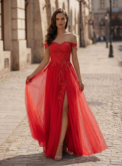 A-Line Off-The-Shoulder Lace/Tulle Prom Dresses With Split Front