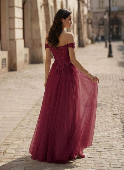 A-Line Off-The-Shoulder Lace/Tulle Prom Dresses With Split Front