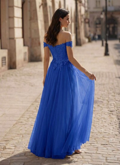 A-Line Off-The-Shoulder Lace/Tulle Prom Dresses With Split Front