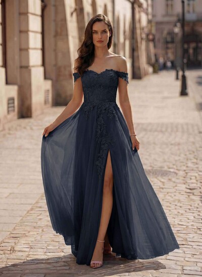 A-Line Off-The-Shoulder Lace/Tulle Prom Dresses With Split Front