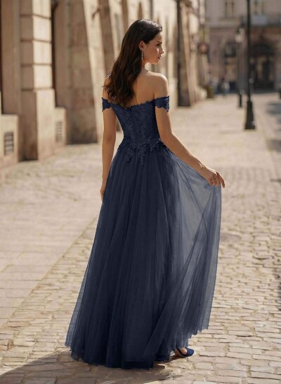 A-Line Off-The-Shoulder Lace/Tulle Prom Dresses With Split Front