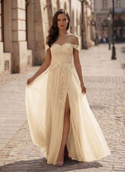 A-Line Off-The-Shoulder Lace/Tulle Prom Dresses With Split Front