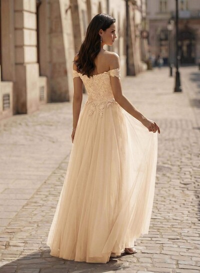 A-Line Off-The-Shoulder Lace/Tulle Prom Dresses With Split Front