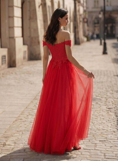 A-Line Off-The-Shoulder Lace/Tulle Prom Dresses With Split Front