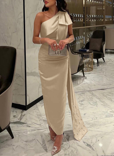 Sheath/Column One-Shoulder Sleeveless Satin Prom Dresses With Bow(s)