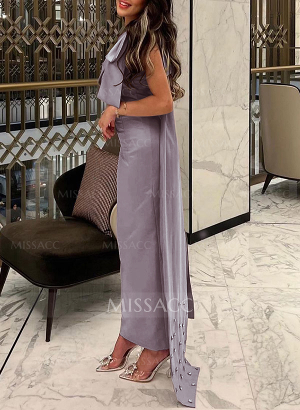 Sheath/Column One-Shoulder Sleeveless Satin Prom Dresses With Bow(s)