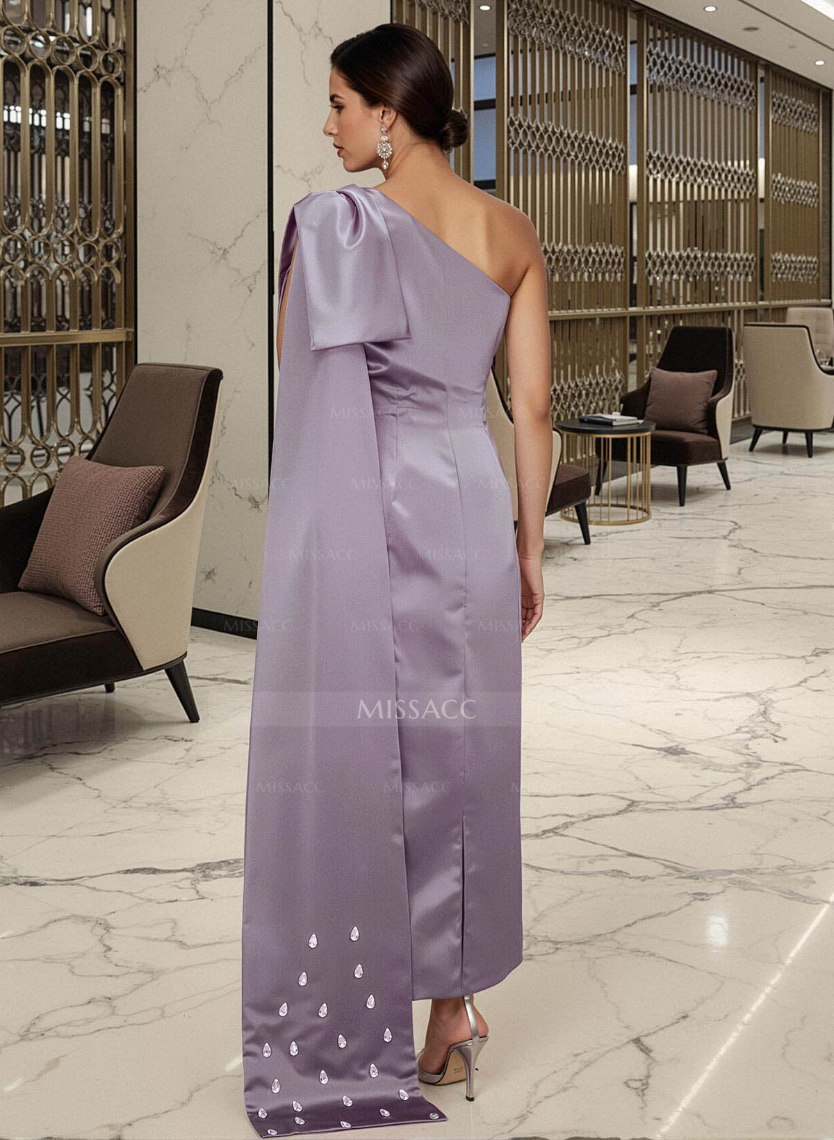 Sheath/Column One-Shoulder Sleeveless Satin Prom Dresses With Bow(s)