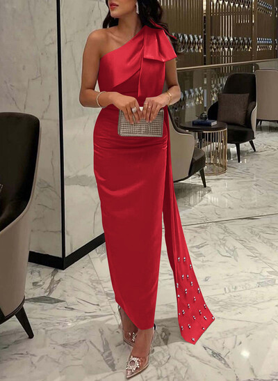 Sheath/Column One-Shoulder Sleeveless Satin Prom Dresses With Bow(s)