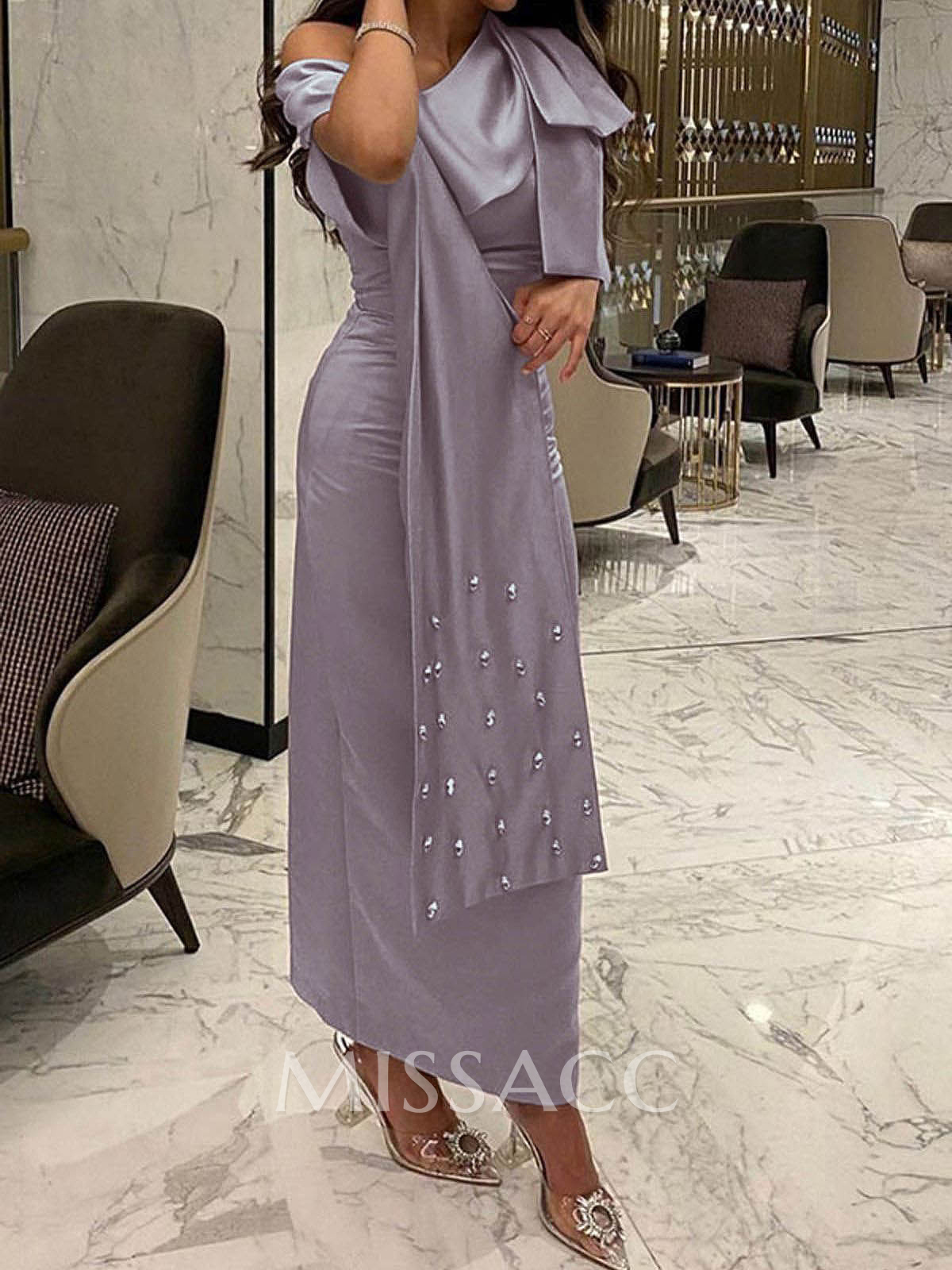 Sheath/Column One-Shoulder Sleeveless Satin Prom Dresses With Bow(s) Sheath/Column One-Shoulder Sleeveless Satin Prom Dresses With Bow(s)
