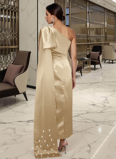 Sheath/Column One-Shoulder Sleeveless Satin Prom Dresses With Bow(s)