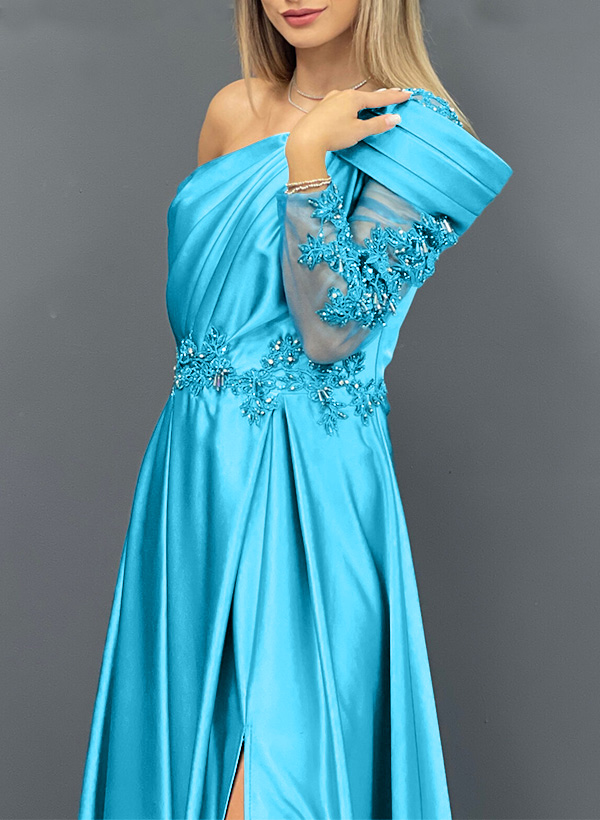 A-Line One-Shoulder Long Sleeves Silk Like Satin Prom Dresses With Appliques Lace