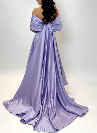 A-Line Off-The-Shoulder Sleeveless Satin Prom Dresses With Bow(s)