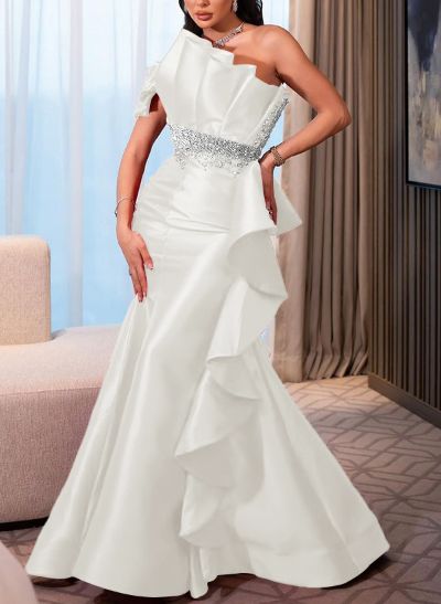 A-Line One-Shoulder Sleeveless Floor-Length Satin Prom Dresses With Ruffle