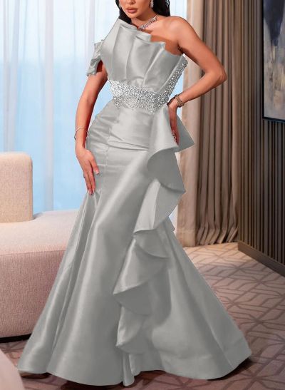 A-Line One-Shoulder Sleeveless Floor-Length Satin Prom Dresses With Ruffle