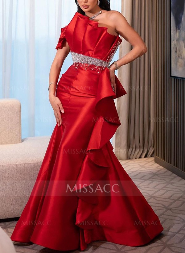 A-Line One-Shoulder Sleeveless Floor-Length Satin Prom Dresses With Ruffle