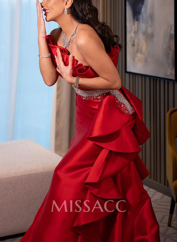 A-Line One-Shoulder Sleeveless Floor-Length Satin Prom Dresses With Ruffle