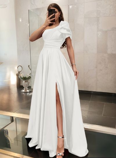 Simple One-Shoulder A-Line Satin Prom Dresses