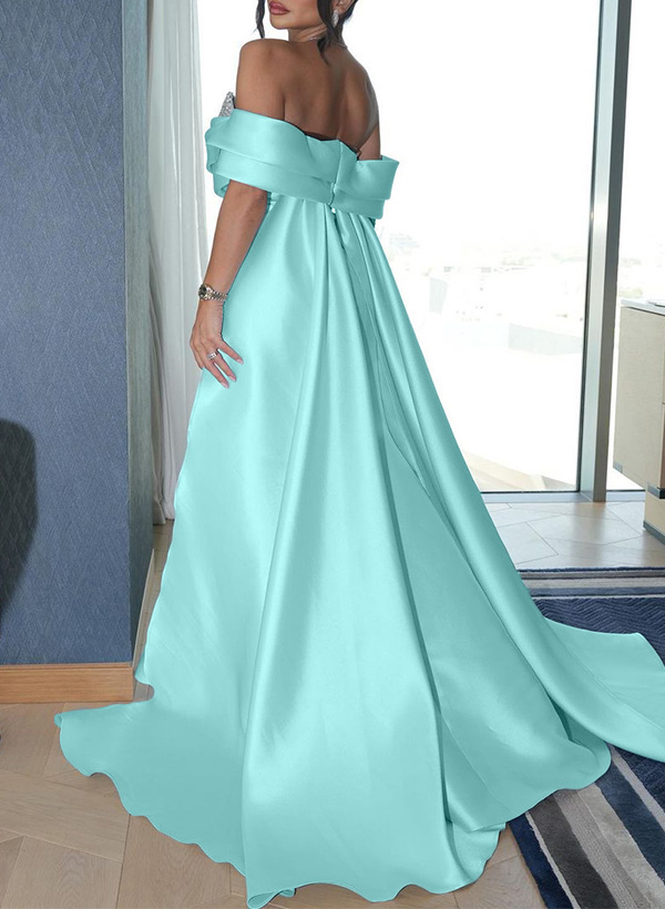 A-Line Off-The-Shoulder Sleeveless Sweep Train Satin Prom Dresses