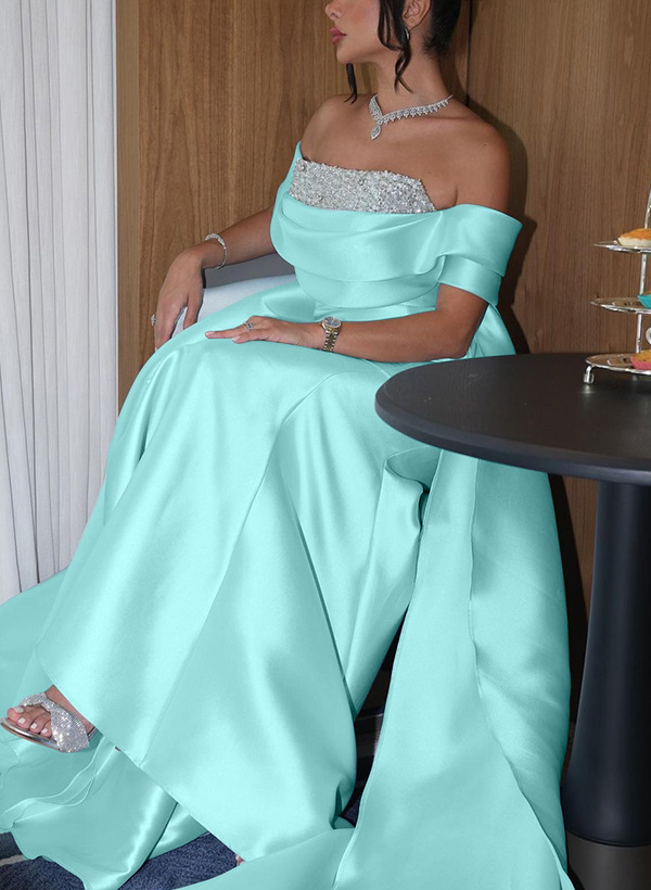 A-Line Off-The-Shoulder Sleeveless Sweep Train Satin Prom Dresses