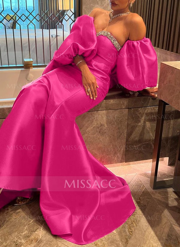 Trumpet/Mermaid Off-The-Shoulder Satin Prom Dresses With Rhinestone