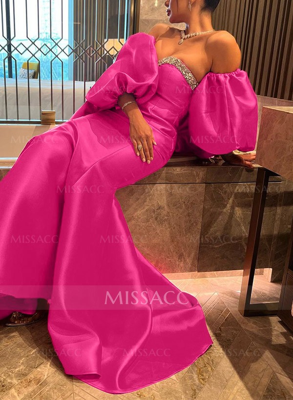 Trumpet/Mermaid Off-The-Shoulder Satin Prom Dresses With Rhinestone