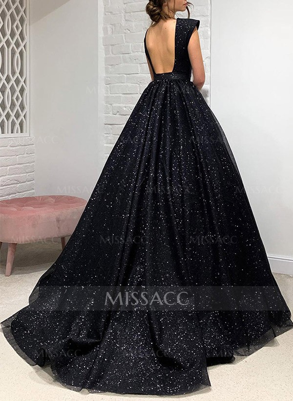 A-Line V-Neck Sleeveless Sweep Train Sequined Prom Dresses