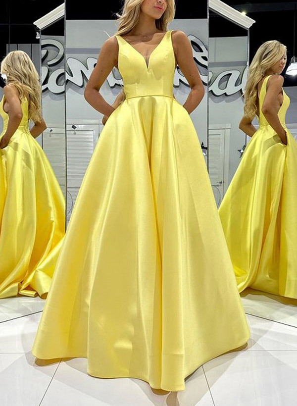 A-Line V-Neck Sleeveless Floor-Length Satin Prom Dresses With Pockets